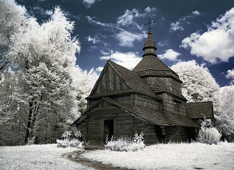 Wooden Church, old church, snow, religious, nature, trees, winter, arcitecture, HD wallpaper