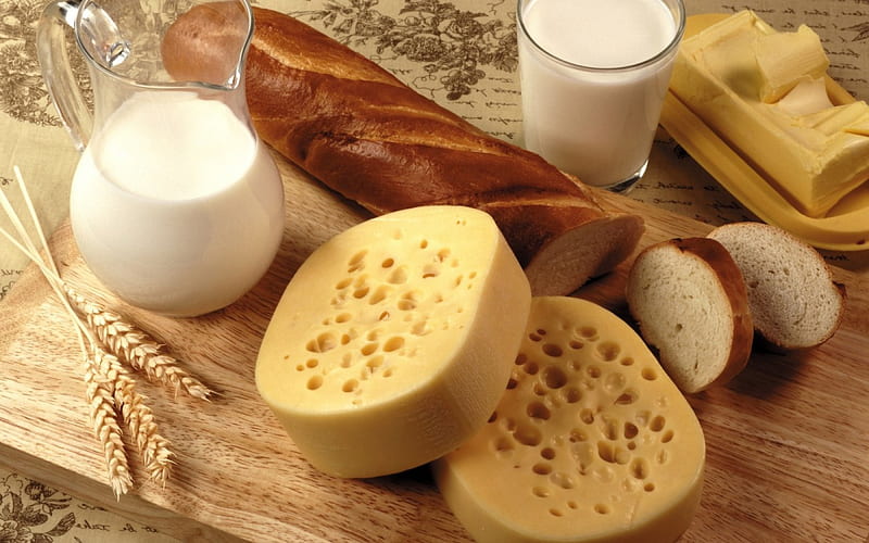 Cheese, bread & milk, still life, graphy, food, bread, milk, HD wallpaper