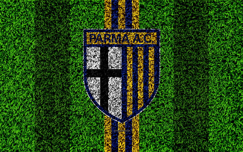 Parma Calcio 1913 football lawn, italian football club, logo, blue-yellow lines, grass texture, Serie B, Parma, Italy, football, HD wallpaper