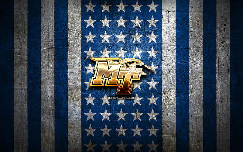 Middle Tennessee Blue Raiders flag, NCAA, blue white metal background, american football team, Middle Tennessee Blue Raiders logo, USA, american football, golden logo, Middle Tennessee Blue Raiders, HD wallpaper