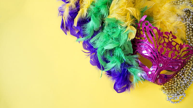 Glittering Mask With Colorful Feathers On Yellow Wall Mardi Gras, HD wallpaper