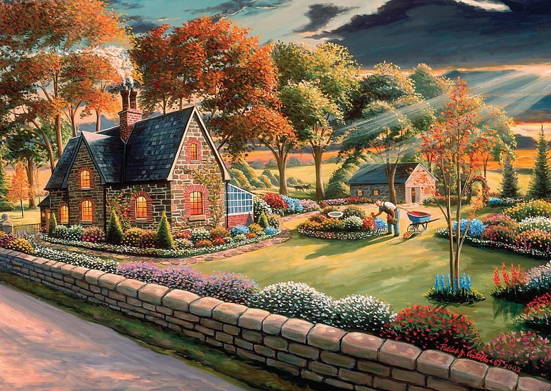A Safe Haven, fall, flowers, puzzle, landscape, HD wallpaper