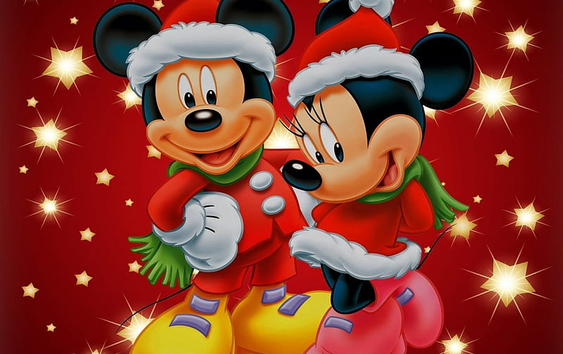 Merry Christmas!, red, craciun, christmas, hat, santa, mouse, minnie, mickey, couple, disney, HD wallpaper