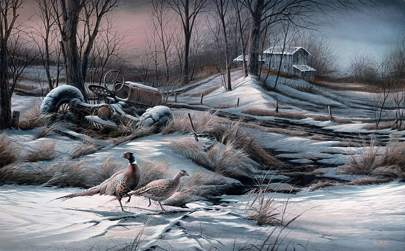 Rusty Refuge, tractor, house, snow, birds, pheasants, trees, winter, artwork, painting, HD wallpaper