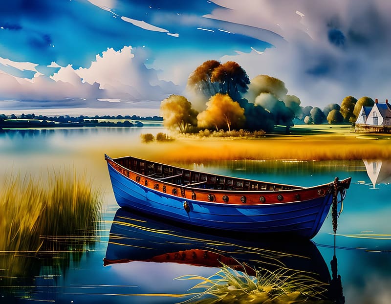 A boat on a loch, lake, boat, blue, art, quiet, stillness, digital, pretty, fantasy, abstract, loch, sky, calm, HD wallpaper