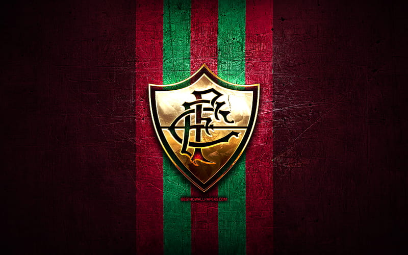 Fluminense FC, golden logo, Serie A, purple metal background, football, Fluminense, brazilian football club, Fluminense FC logo, soccer, Brazil, HD wallpaper