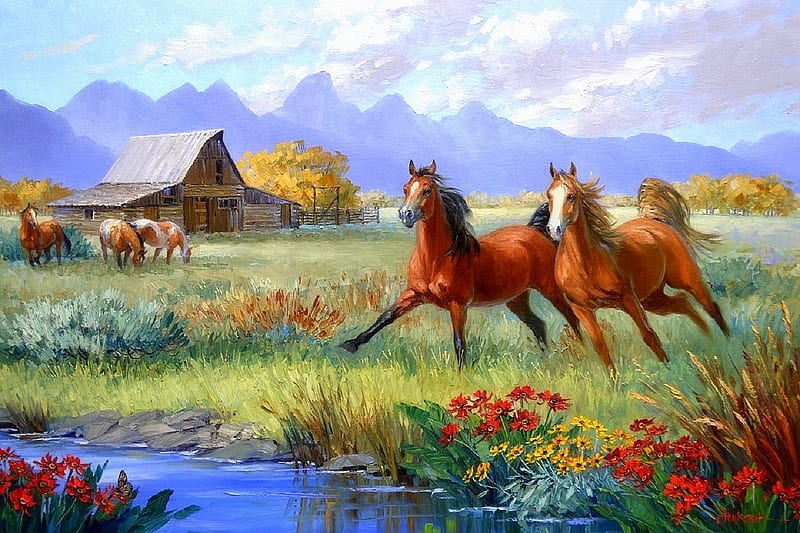 Breathtaking Exuberance, love four seasons, farms, attractions in dreams, horses, pond, paintings, mountains, summer, flowers, nature, fields, animals, HD wallpaper
