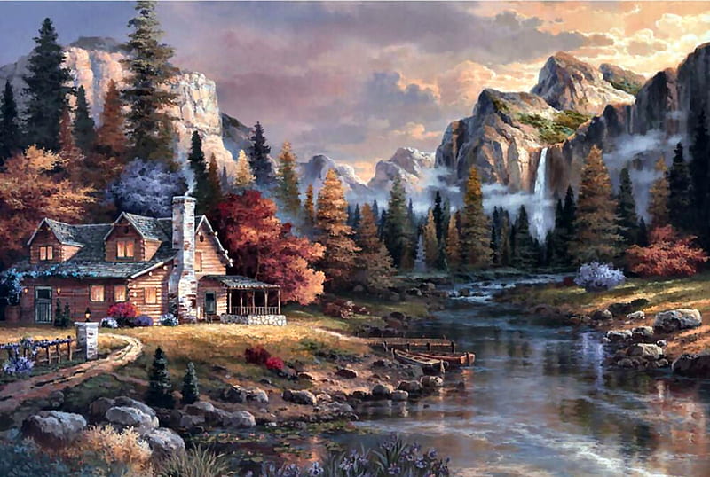 Home at Last F1, architecture, art, cottage, bonito, illustration, artwork, mountains, painting, wide screen, river, scenery, landscape, HD wallpaper