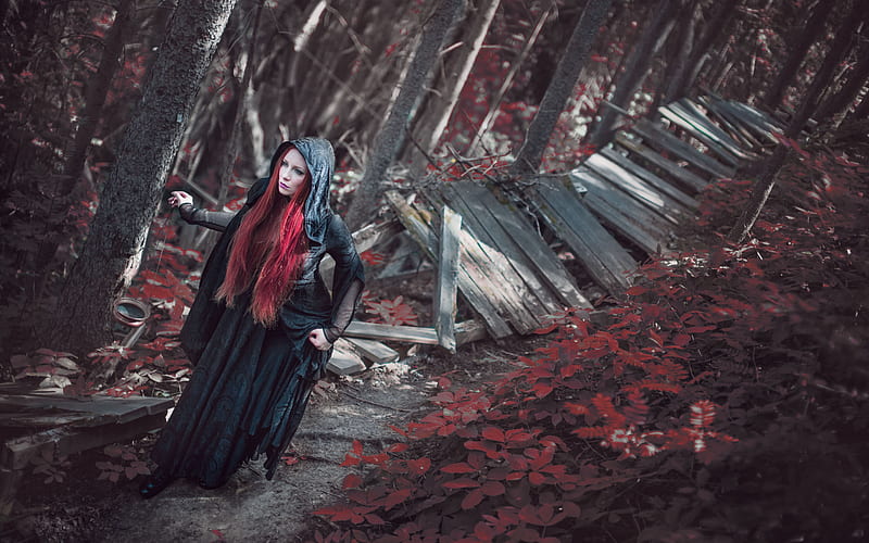 dark forest, path, abandoned bridge, redhead girl, HD wallpaper