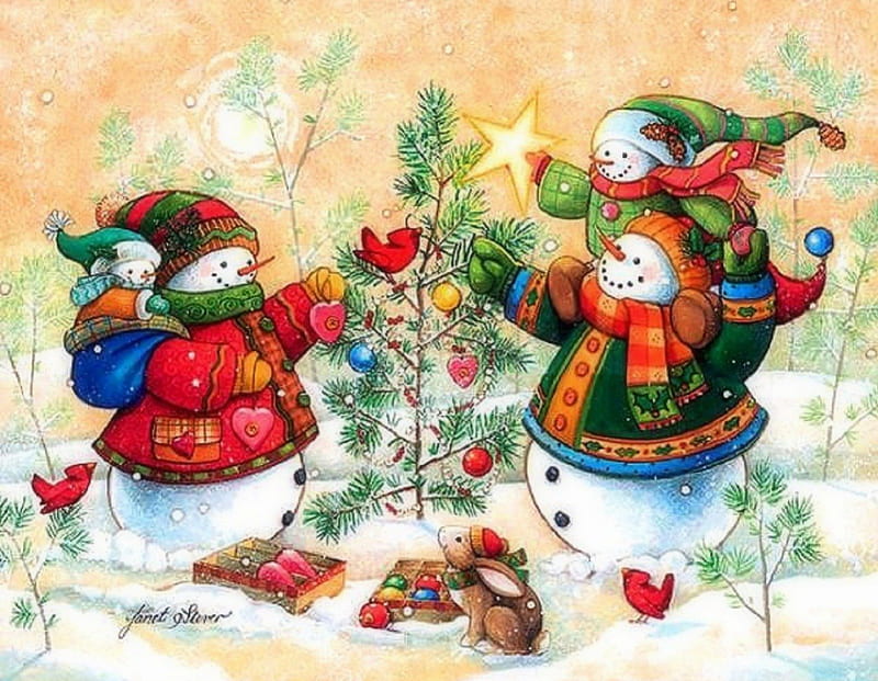 ★Snowman Family in Winter★, family, rabbit, snowmen, christmas, love four seasons, birds, attractions in dreams, xmas and new year, greetings, cardinals, paintings, xmas tree, snow, winter holidays, traditional art, celebrations, HD wallpaper