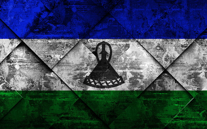 Flag of Lesotho grunge art, rhombus grunge texture, Lesotho flag, Africa, national symbols, Lesotho, creative art, HD wallpaper