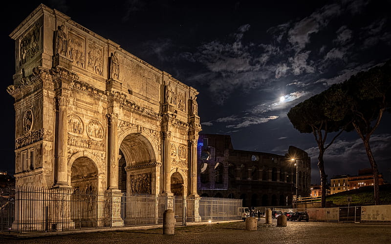 Arch of Constantine, triumphal arch, Rome, landmark, evening, Colosseum, Rome cityscape, Italy, HD wallpaper