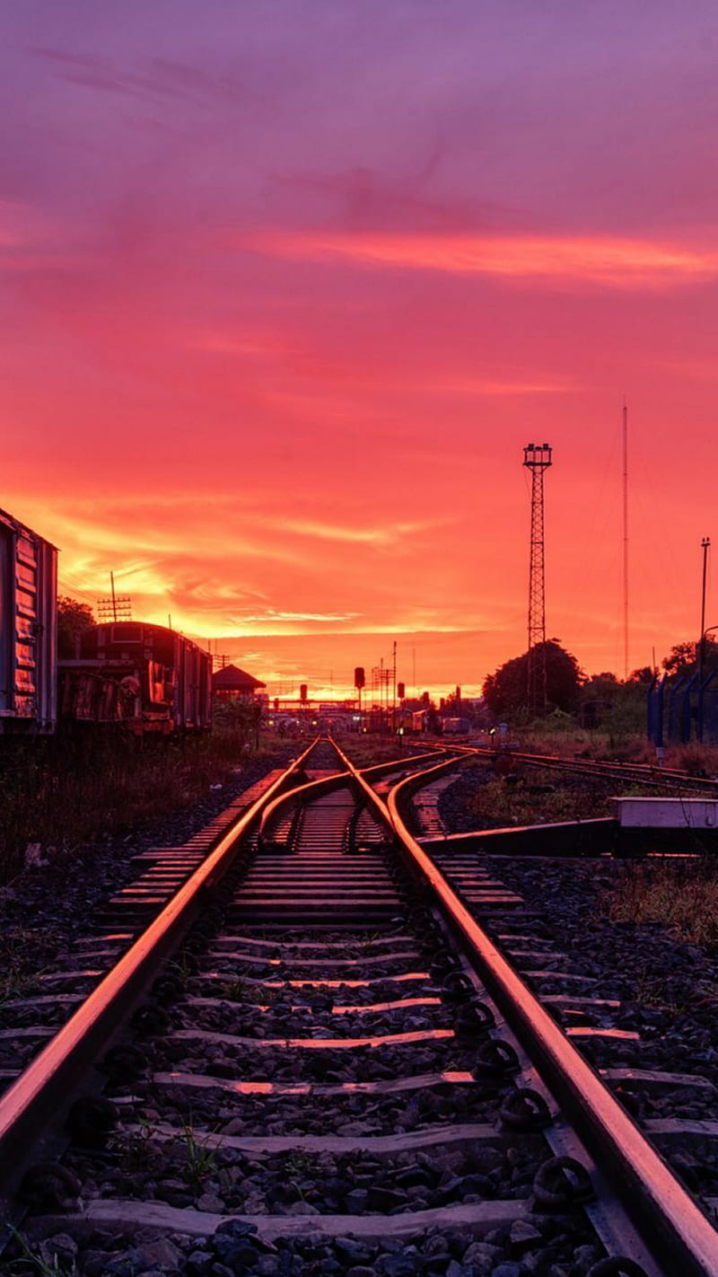 Railroad sunset , dark, nature, rail, road, HD phone wallpaper