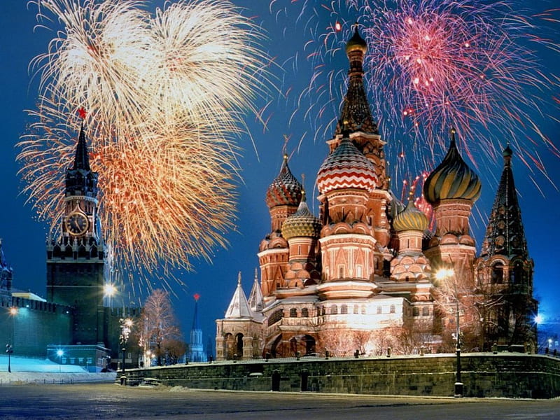 St Basils Cathedral, cathedral, moscow, fireworks, HD wallpaper