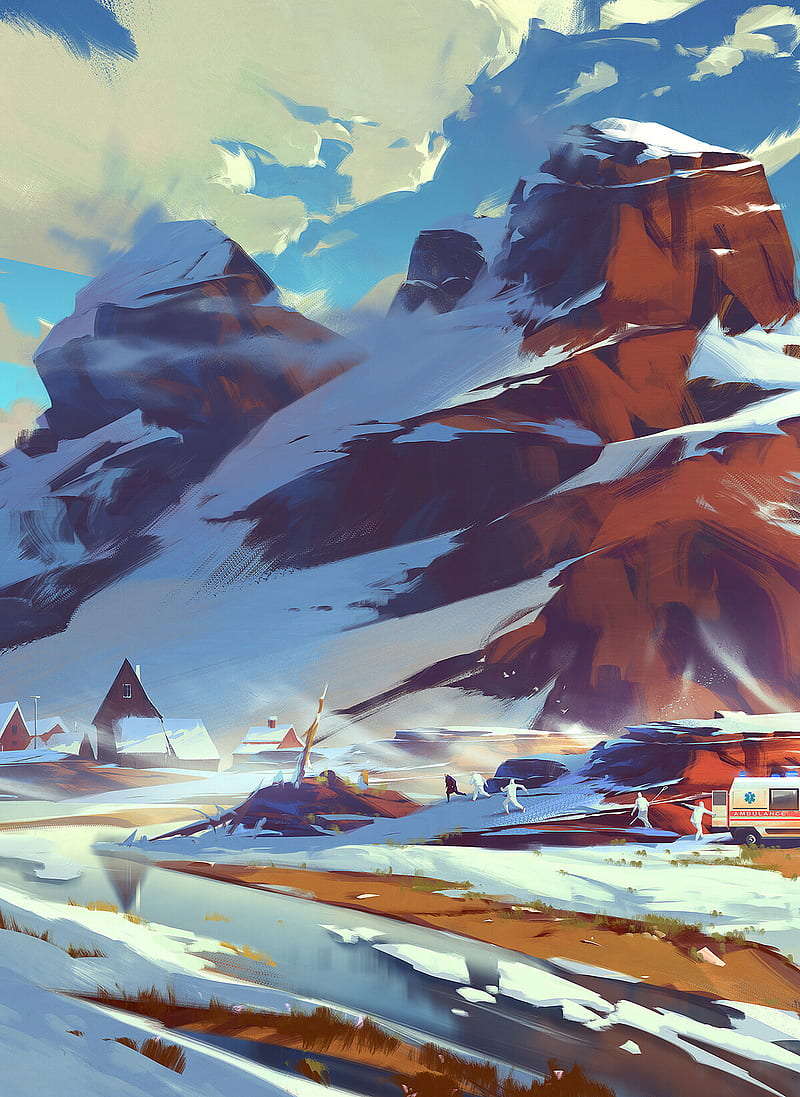 Erikas Perl, concept art, landscape, winter, snow, mountains, people, ambulances, lake, nature, illustration, HD phone wallpaper