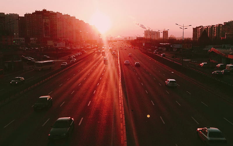 city, sunset, road, car, red, HD wallpaper