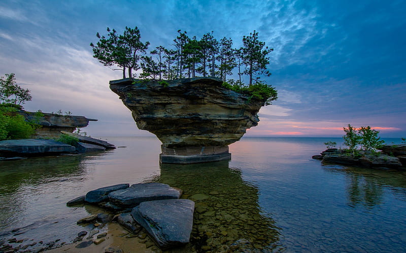 Turnip Rock, Michigan, Lake, Rock, Nature, Sunset, HD wallpaper