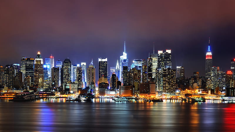 River And Shimmering Lighting Buildings Of New York New York, HD wallpaper
