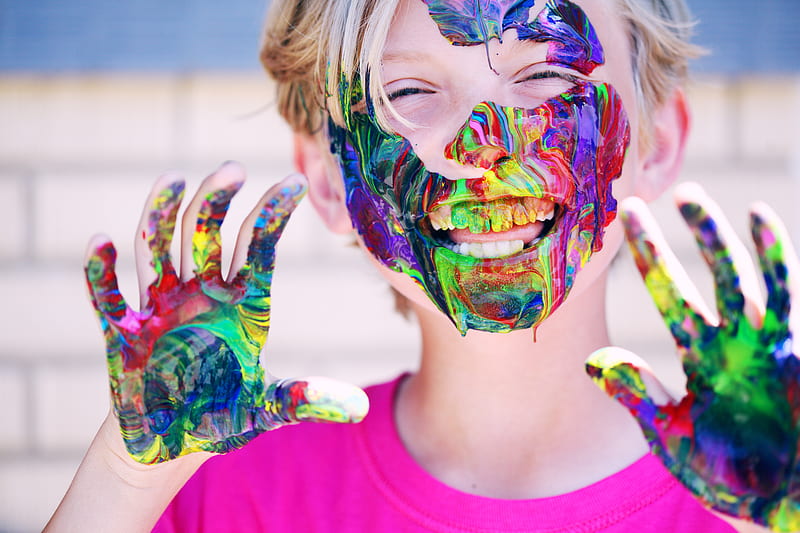 Boy in Pink Crew-neck Top With Paints on His Hands and Face, HD wallpaper