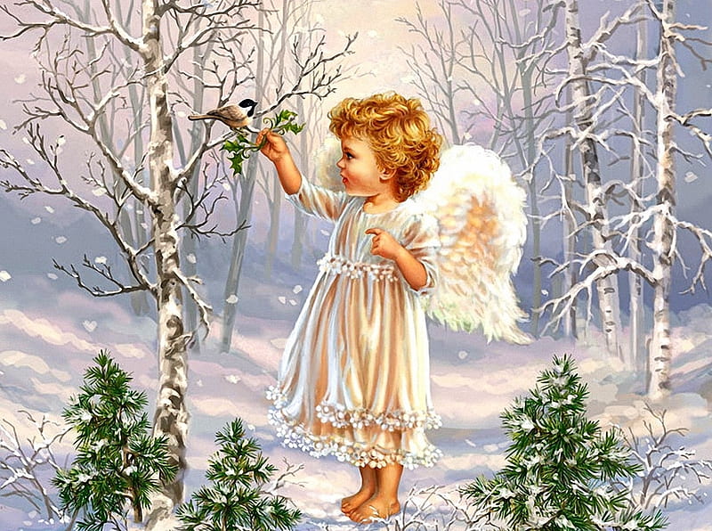 Little angel, wings, snow, angel, copil, child, iarna, winter, art, christmas, craciun, HD wallpaper