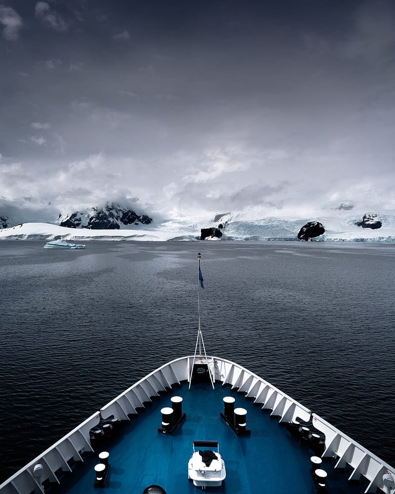 ship, glacier, mountain, snow, fog, HD phone wallpaper