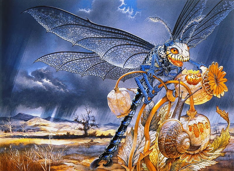 Dragonfly, art, wings, patrick woodroffe, orange, luminos, surrealism, fantasy, painting, insect, pictura, blue, HD wallpaper