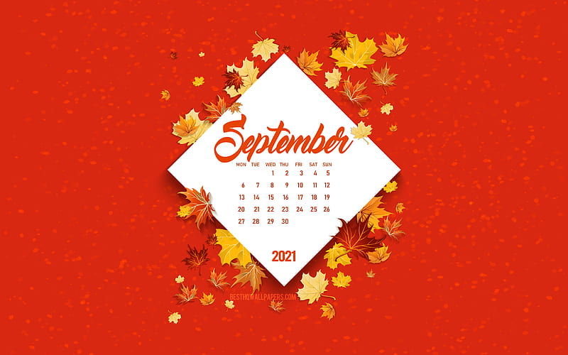 2021 September Calendar, red autumn background, autumn 2021, September 2021 Calendar, autumn, 2021, September, autumn leaves, HD wallpaper