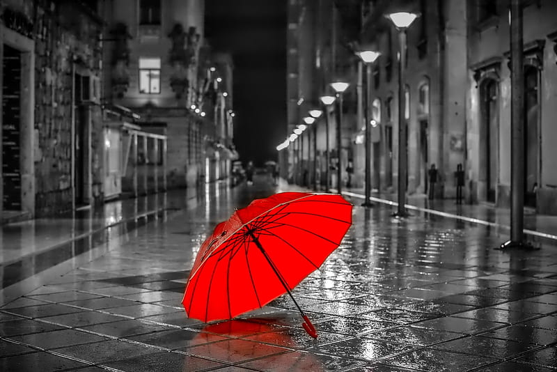 Rain red, city, umbrella, night, HD wallpaper