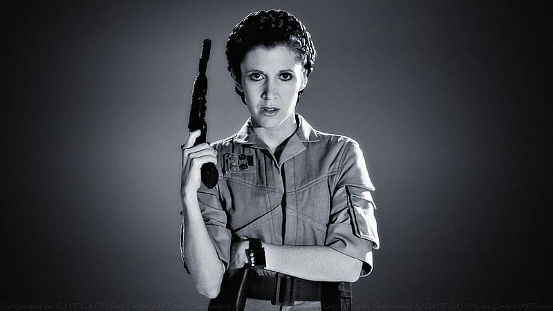 Carrie Fisher Princess Commando II, princess commando, celebrities, actrice, people, carrie fisher, black and white, HD wallpaper