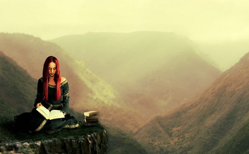 Place for reading, book, morning, woman, mountains, HD wallpaper