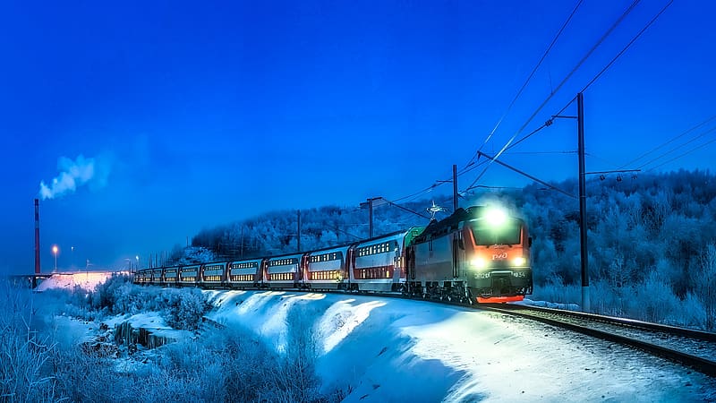 Train with double-decker coaches, Railtrack, blue sky, night, Overhead lines, snow, Train, coaches, Headlights, HD wallpaper
