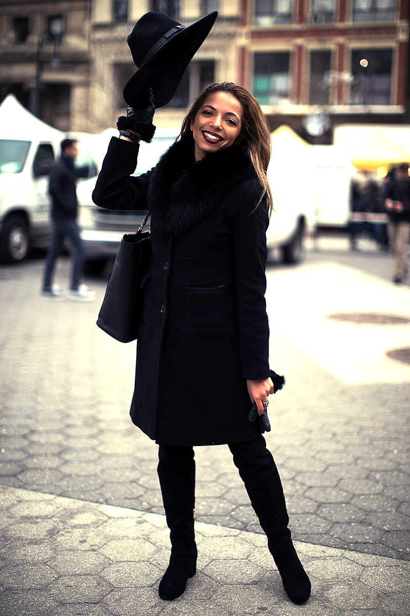woman wearing black coat standing on gray concrete pavement, HD phone wallpaper