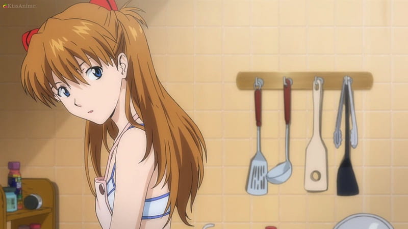 What's Cooking, pretty, cg, bonito, watching, sweet, utensiles, nice, watch, anime, neon, hot, beauty, anime girl, long hair, staring, stare, look, female, lovely, brown hair, genesis, asuka, kitchen, sexy, evangelion, neon genesis evangelion, girl, eva, looking, scene, asuka langley soryu, HD wallpaper