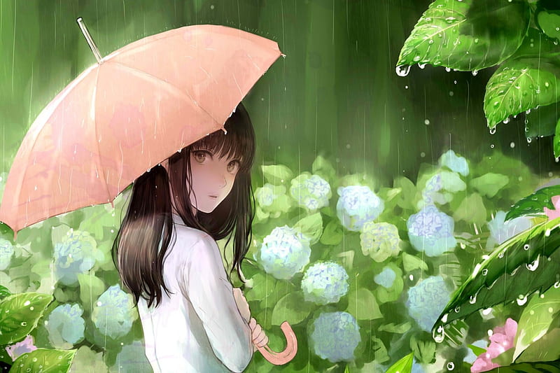 Spring Rain, flowers, fantasy, spring, girl, HD wallpaper