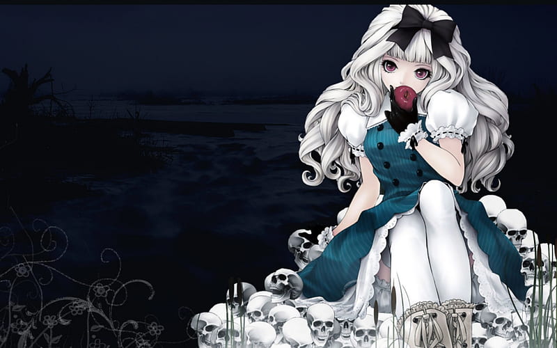 Gothic Girl Anime, skulls, girl, gothic, anime, dark, HD wallpaper