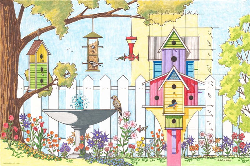 Birdhouse, tree, house, birds, flowers, feeders, bath, HD wallpaper