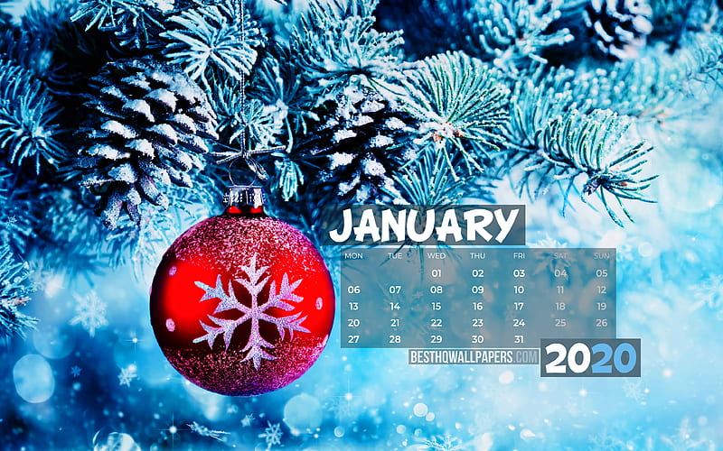 January 2020 Calendar red xmas ball, 2020 calendar, xmas tree, January 2020, creative, christmas tree, January 2020 calendar with xmas ball, Calendar January 2020, blue background, 2020 calendars, HD wallpaper