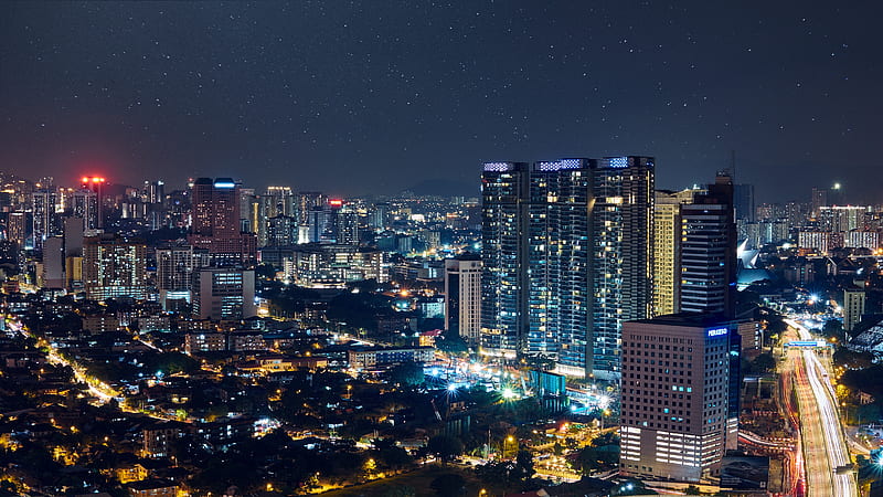 night city, city lights, starry sky, kuala lumpur, malaysia, HD wallpaper