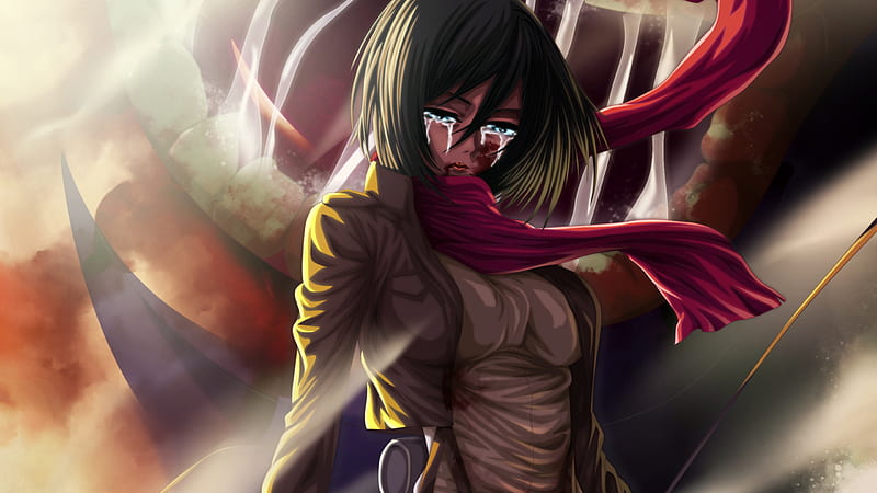 Attack On Titan Mikasa Ackerman Crying With Red Scarf Anime, HD wallpaper