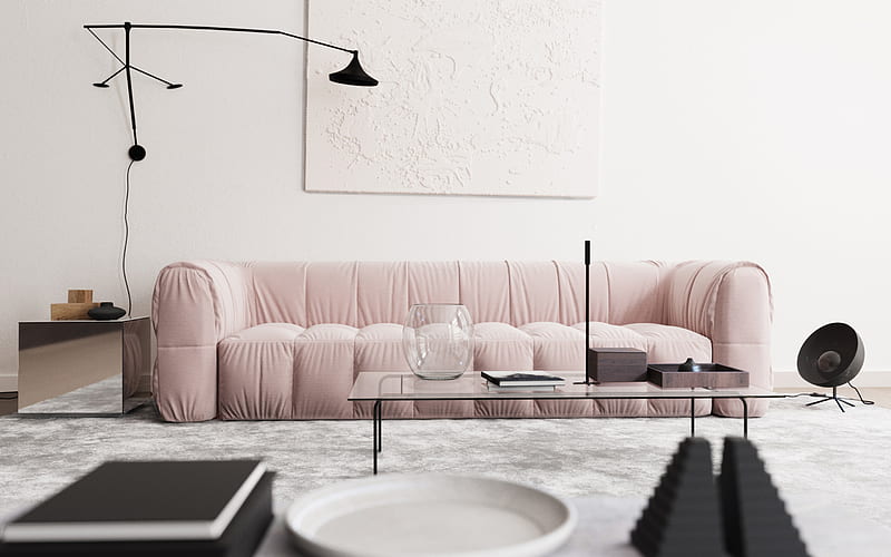 white living room, white interior, modern design, pink sofa, black floor lamp, white walls, minimalist interior, HD wallpaper