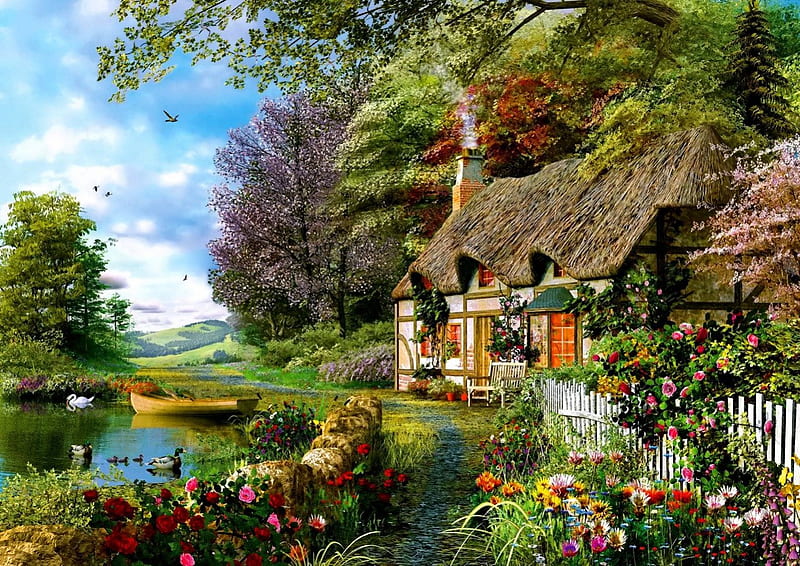 Summer in countryside, colorful, cottage, cabin, bonito, clouds, countryside, nice, painting, village, flowers, river, reflection, calmness, lovely, greenery, sky, trees, lake, water, serenity, peaceful, summer, HD wallpaper