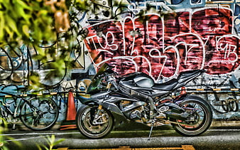 BMW S1000RR R, 2018 bikes, graffiti, superbikes, black S1000RR, street art, german motorcycles, BMW, HD wallpaper