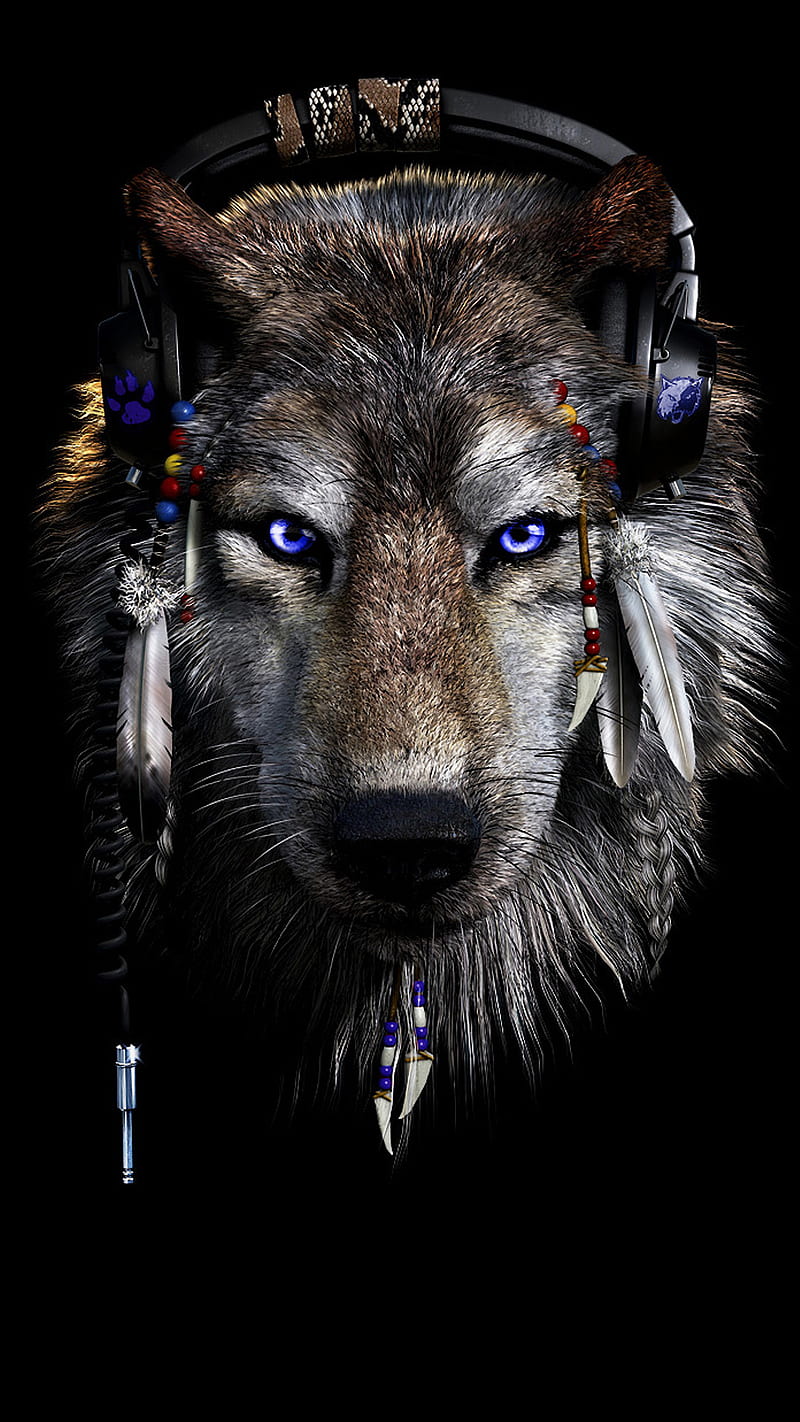 Techno Wolf, blue, dj, headphones, wolves, HD phone wallpaper