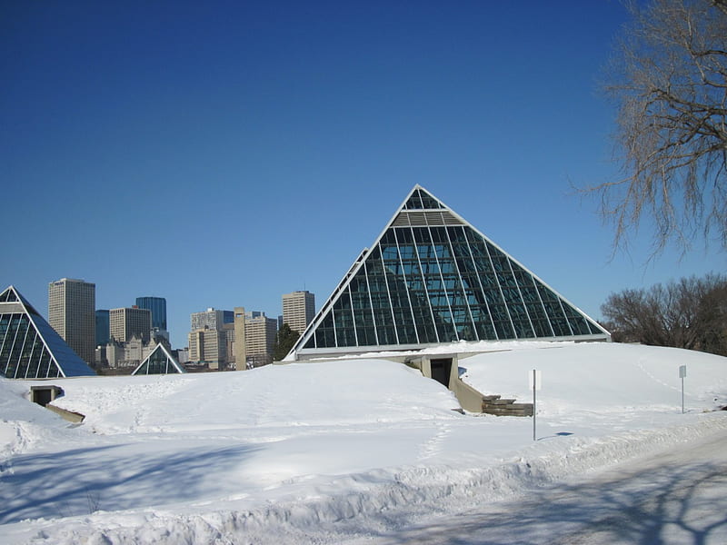 Muttart Conservatory of Edmonton 05, graphy, Sky, snow, pyramids, white, trees, blue, HD wallpaper