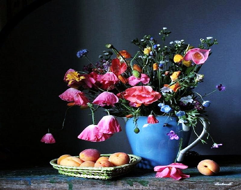 Peachy arrangement - still life, red, dish, peaches, flowers, yellow, colors, blue vase, pink, HD wallpaper