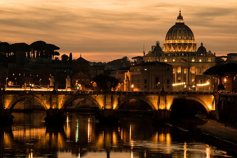 st. peters basilica, cathedral, bridge, lights, dark, HD wallpaper