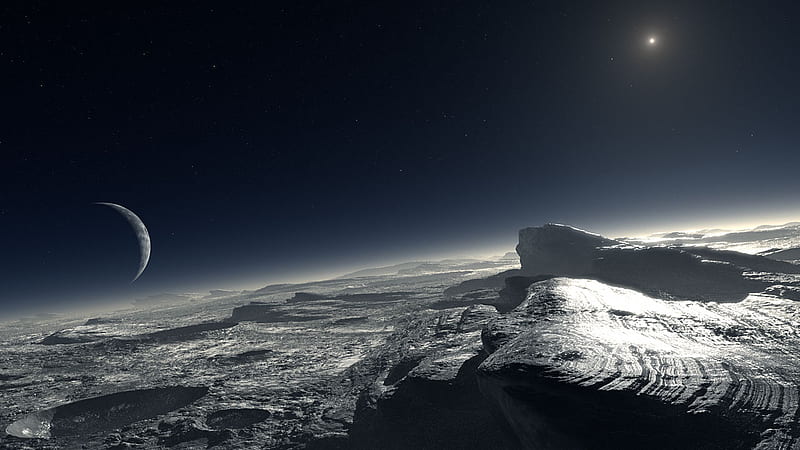 View from Surface Pluto, rocks, neptune, sun, planet, space, cold, HD wallpaper