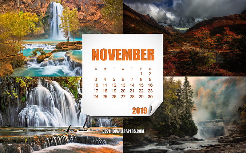 2019 November Calendar, autumn, calendar with autumn landscapes, November, Calendar 2019 November, HD wallpaper