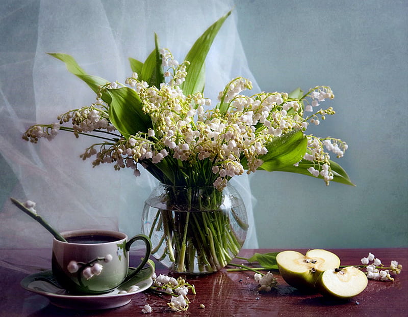 Spring Essence, still life, white fabric, saucer, apples, flowers, vase, teacup, HD wallpaper