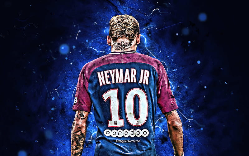 Neymar JR, back view, striker, PSG, Ligue 1, brazilian footballers, football stars, Paris Saint-Germain, neon lights, Neymar, soccer, HD wallpaper